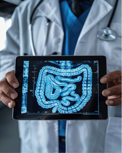Doctor sostiene una tablet con una ilustración 3D del sistema intestinal en tono azul.